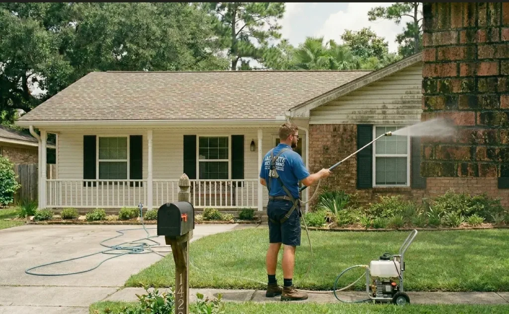 A contractor pressure washing thick green mold and algae off a residential brick chimney.