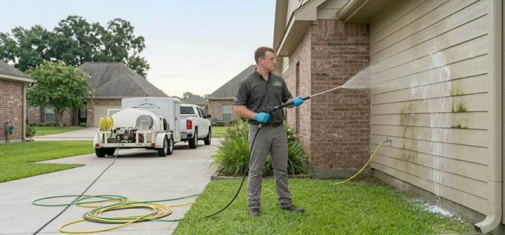 Expert technician performing professional soft wash house cleaning on vinyl siding in Lafayette, Louisiana area.