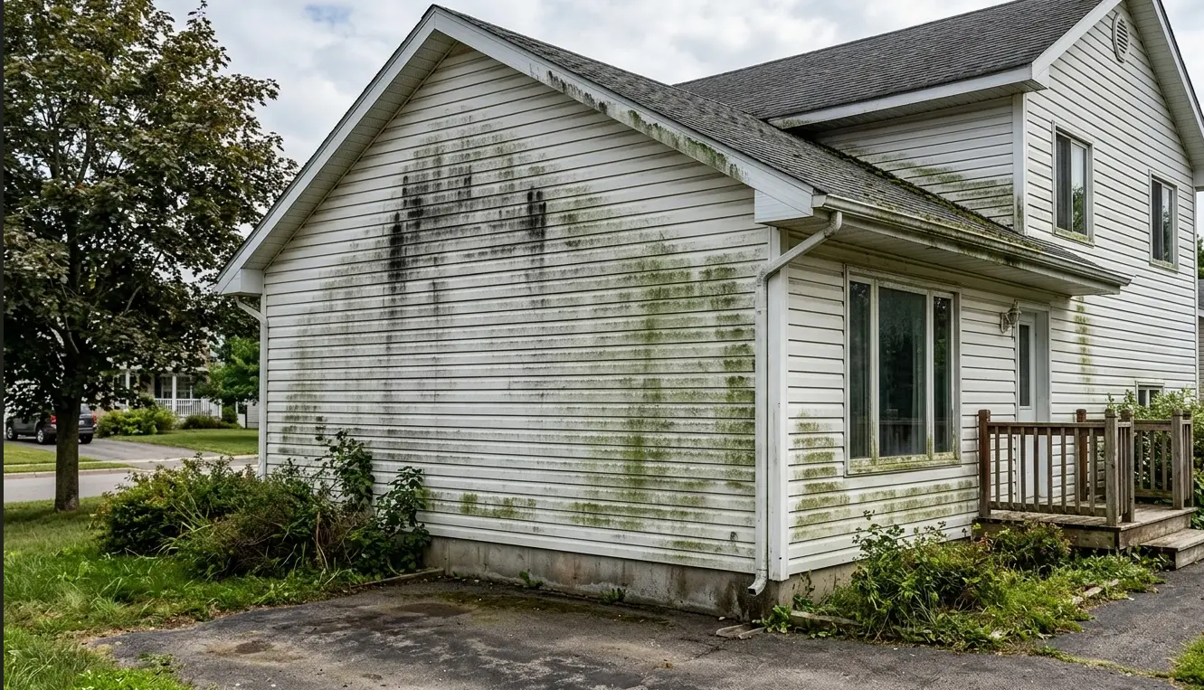 Lafayette la soft wash before Professional softwash treatment removing black streaks and green algae stains from residential home siding