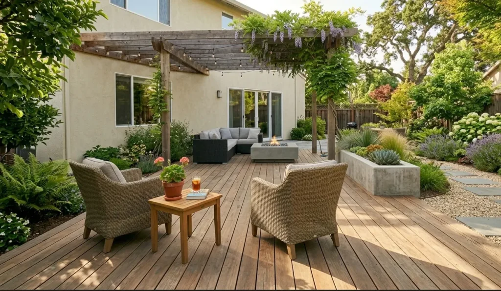 "Professional pressure washing and restoration of a natural stone flagstone patio in a Lafayette residential backyard, highlighting a clean, rejuvenated outdoor living space."