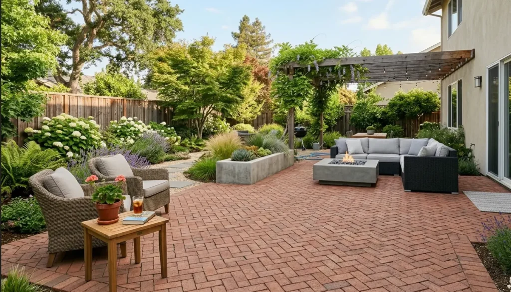 Professional pressure washing of a brick paver patio in a residential backyard in Lafayette, showcasing clean, restored outdoor living spaces