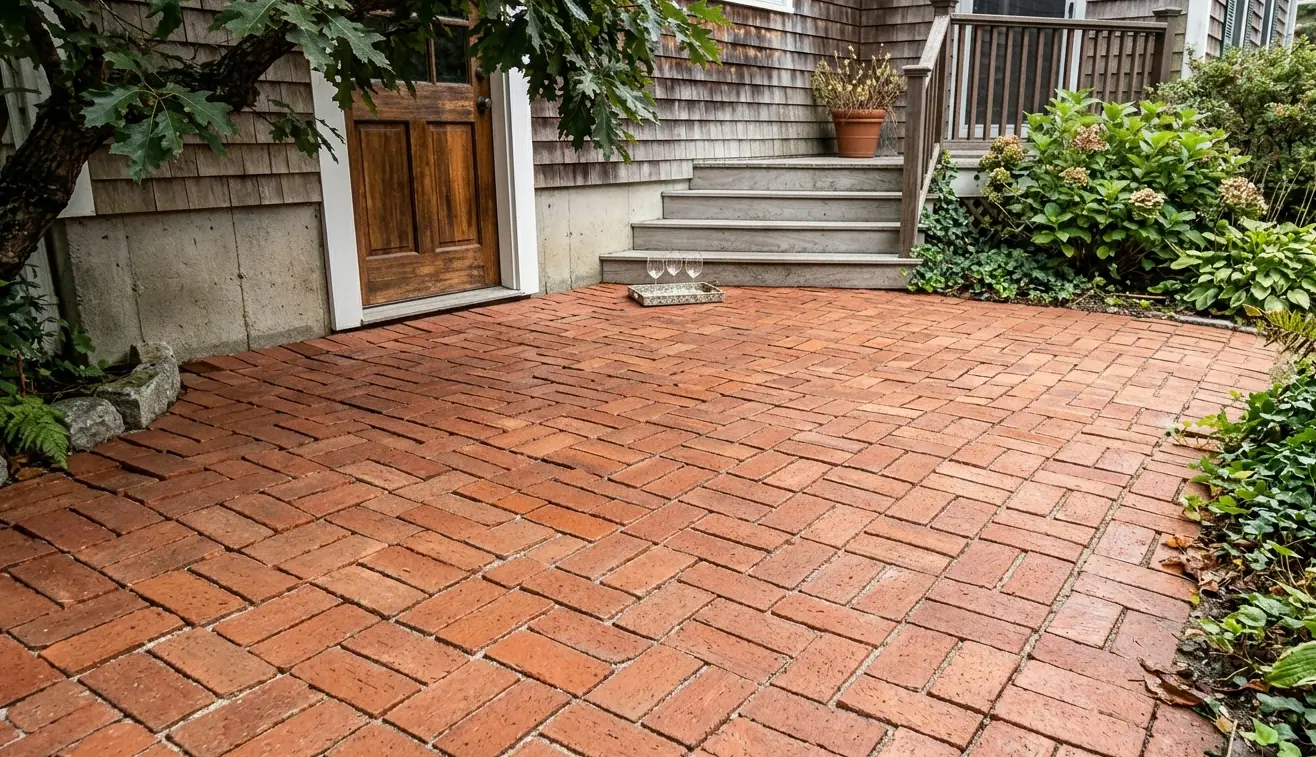 A clean brick paver patio in a herringbone pattern with fresh sand joints, positioned in front of a weathered shingle house with a serving tray and three glasses on the step.