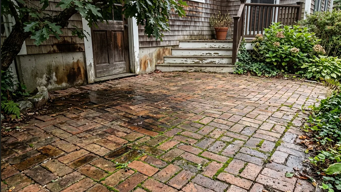 Brick paver porch covered in deep brown tannin stains and green algae growth between joints.
