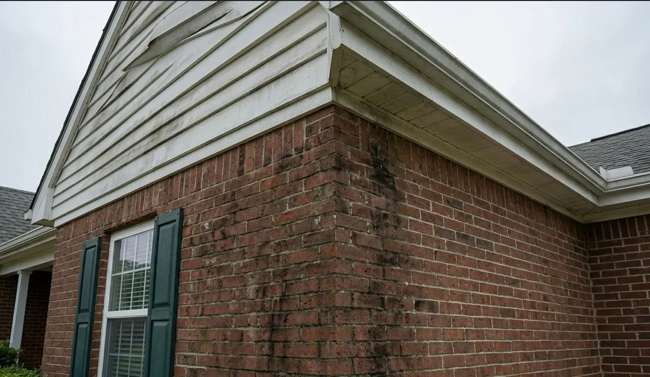 Stained brick home siding in Lafayette with visible dirt and grime before professional cleaning service.