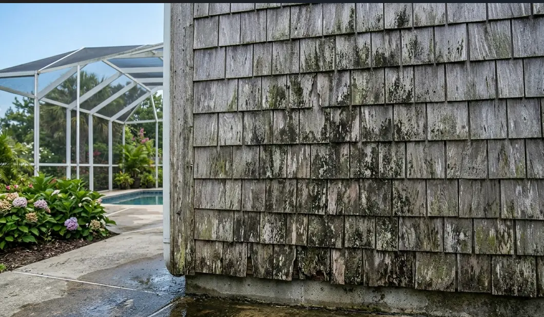 cedar shake siding soft wash before Youngsville LA Deep black algae stains on weathered cedar shake siding next to a backyard pool."