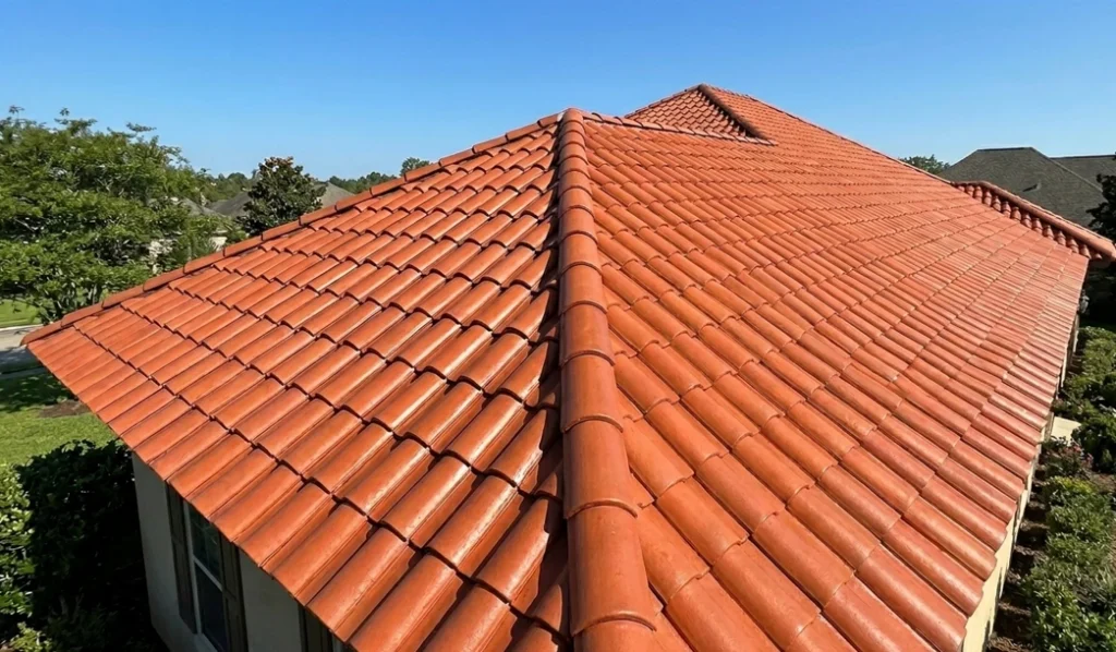 Pristine terracotta clay tile roof in Lafayette after professional soft wash cleaning removed all debris.