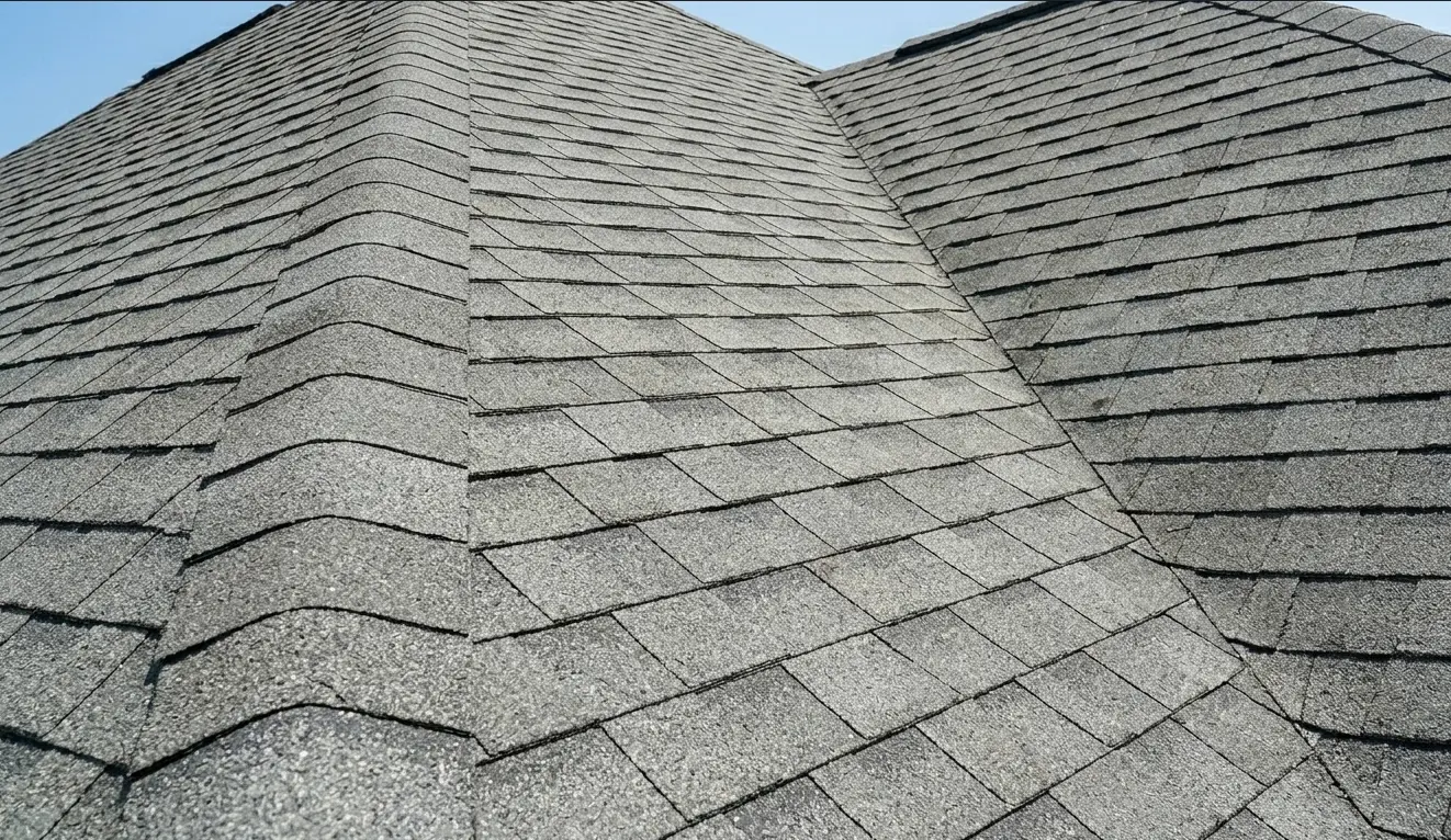 Pristine asphalt shingle roof in Lafayette after professional cleaning service removed dirt and organic growth.