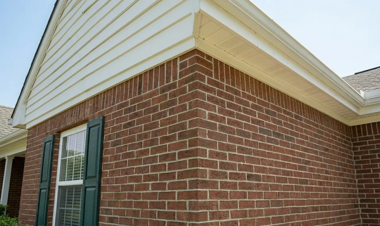 Pristine brick home siding in Lafayette after professional soft wash cleaning restored its original appearance.