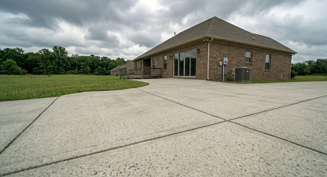 Pristine residential concrete patio after professional pressure washing restoration service in Lafayette, Louisiana.