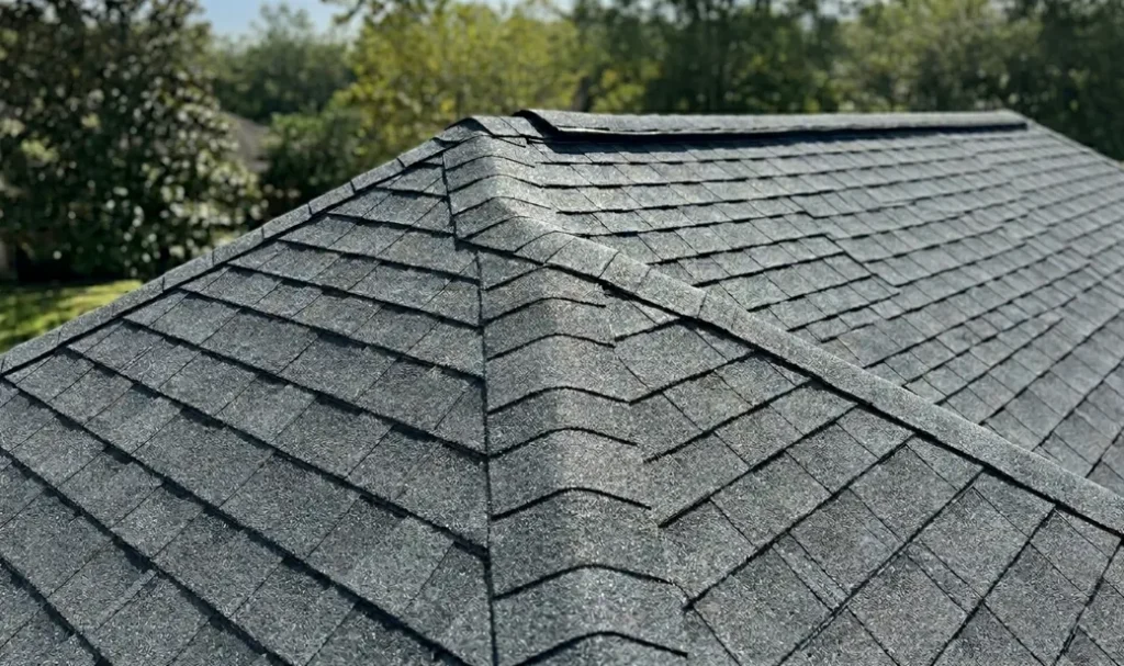 Pristine asphalt shingle roof in Lafayette after professional soft wash cleaning removed all organic buildup.