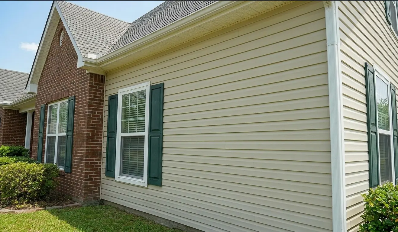 Pristine vinyl home siding in Lafayette after professional soft wash cleaning removed all dirt buildup.