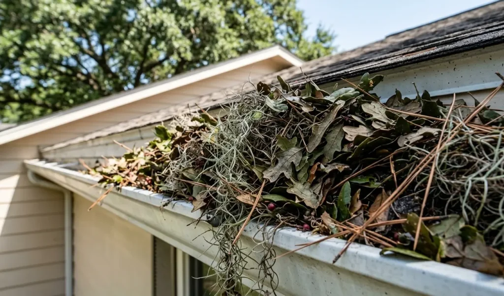 Residential gutter in Lafayette filled with live oak leaves, Spanish moss, and pine needle debris.