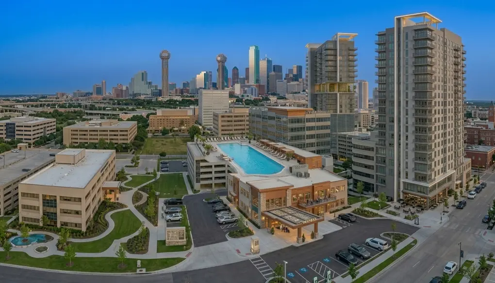 Aerial view of modern urban commercial complex in Lafayette
