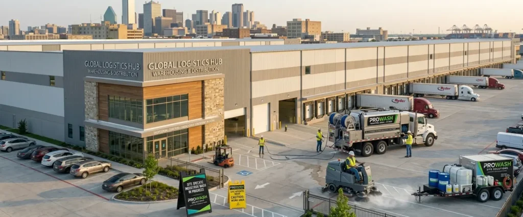 ProWash team using commercial equipment for warehouse exterior cleaning in Lafayette.