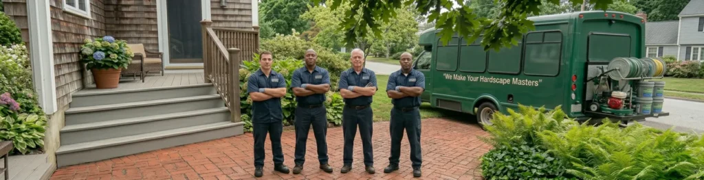 A team of four "Hardscape Masters" professionals standing confidently with folded arms on a brick paver driveway next to a green service vehicle.