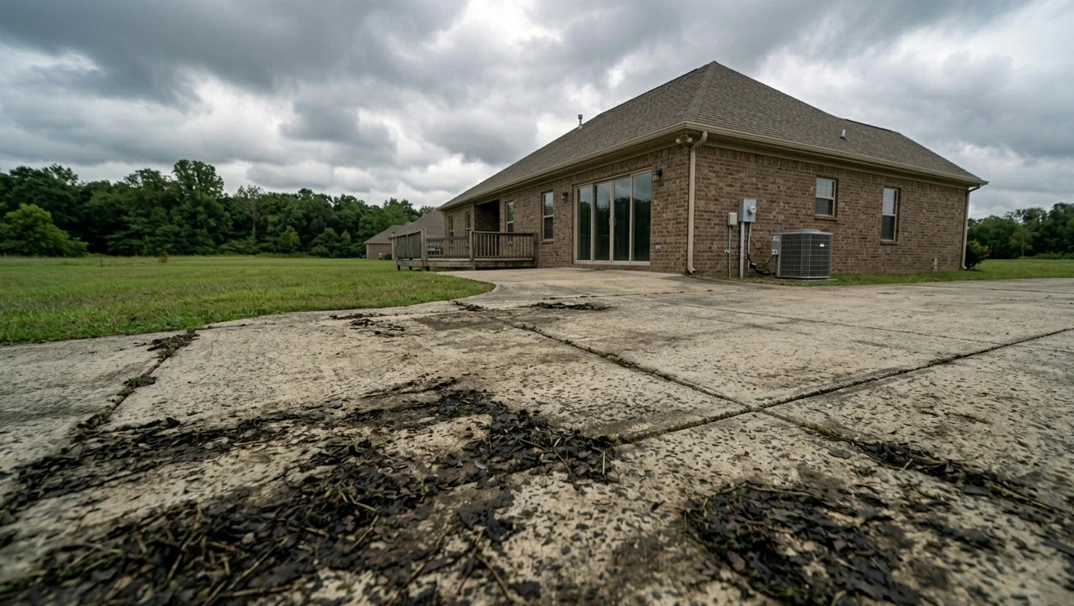 dirty concrete driveway stains before cleaning lafayette Dirty concrete patio surface with organic grime and debris before professional pressure washing in Lafayette, Louisiana.