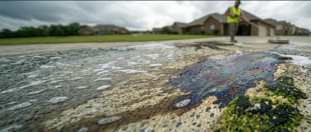 Expert concrete cleaning technician removing oil stains and tire marks from a residential driveway in Lafayette, Louisiana.
