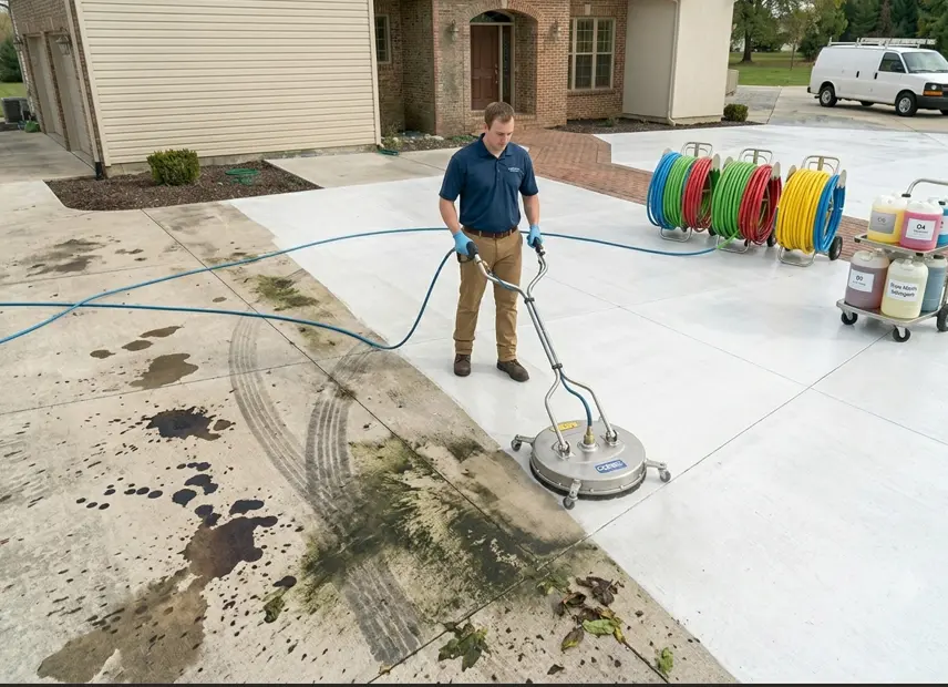 Professional driveway pressure washing removing oil stains, tire marks, mold, and leaf debris in Lafayette.