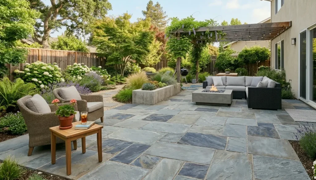 Professional pressure washing and restoration of a natural stone flagstone patio in a Lafayette residential backyard, highlighting a clean, rejuvenated outdoor living space.