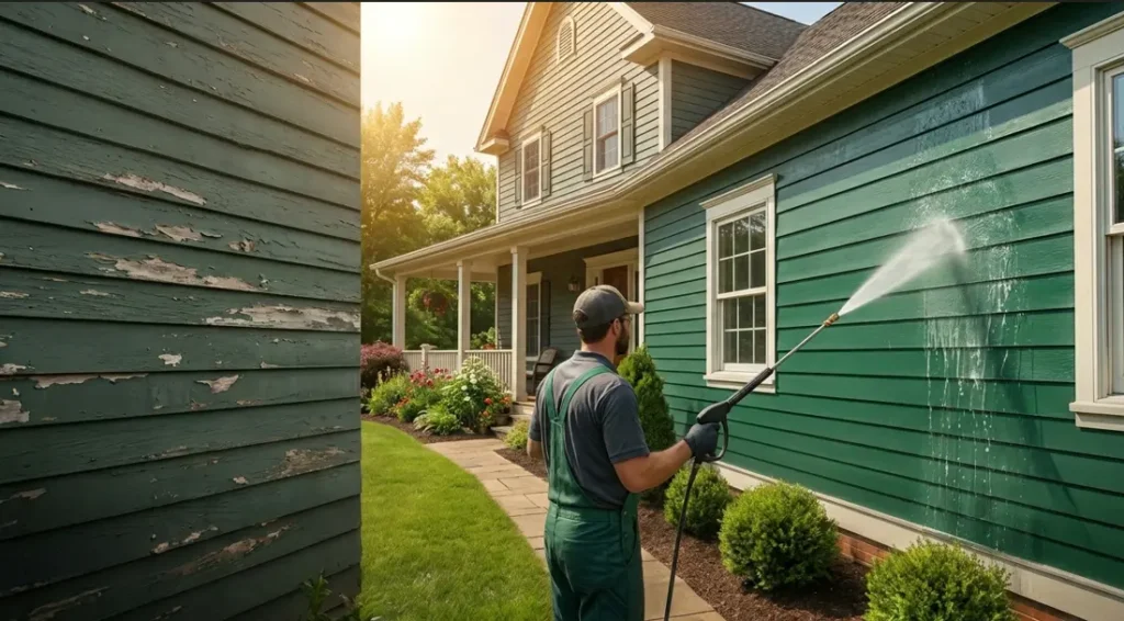 Man power washing the green siding of a house next to peeling wood trim.