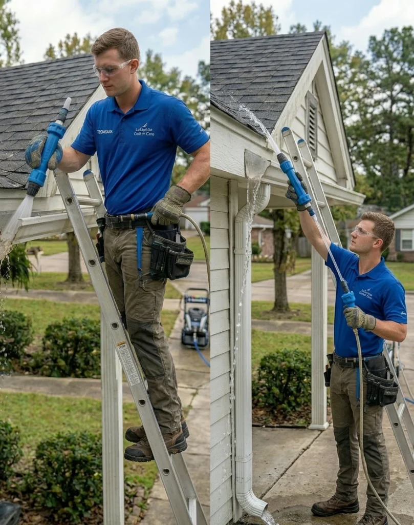 Two-panel view of a technician using water pressure to flush a residential gutter downspout.
