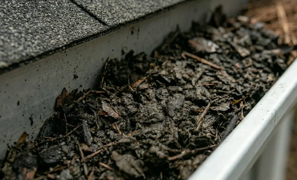 Professional gutter cleaning service in Lafayette removing compacted debris from a clogged residential roof gutter.