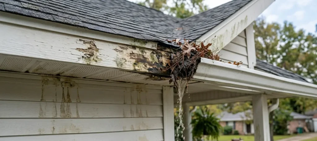 Image of an overflowing residential gutter causing severe fascia rot, peeling paint, and siding stains on a Lafayette, LA house.