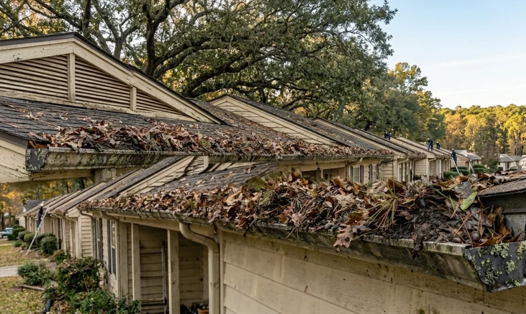 Close-up image of a water-damaged, rotted fascia board below an overflowing, leaf-clogged gutter.