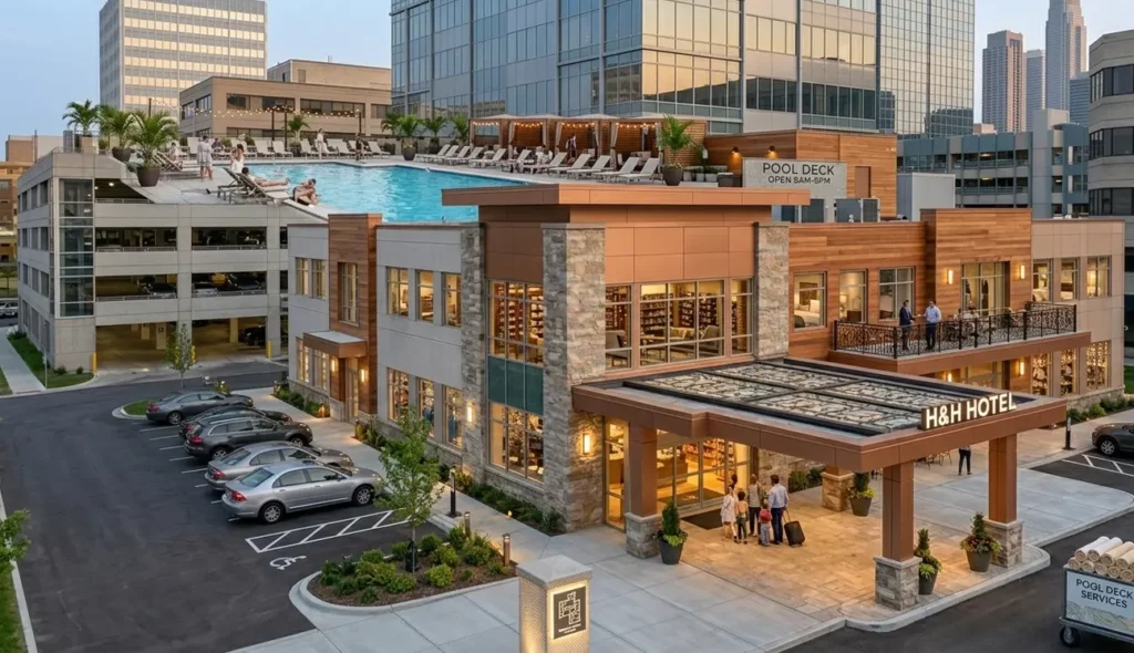 Professional cleaning services for hotel pool decks and exterior surfaces in Lafayette.