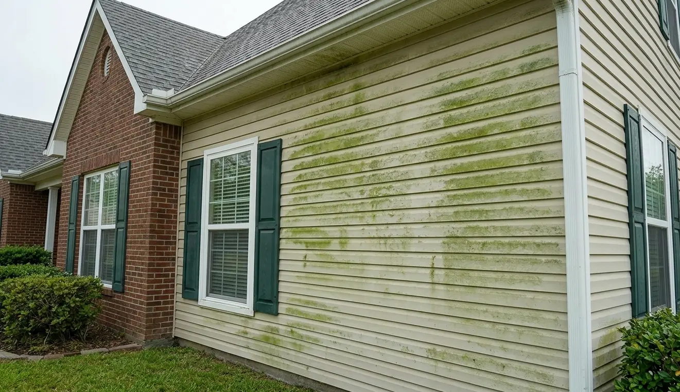 Residential vinyl home siding in Lafayette with visible green algae growth before professional cleaning service.