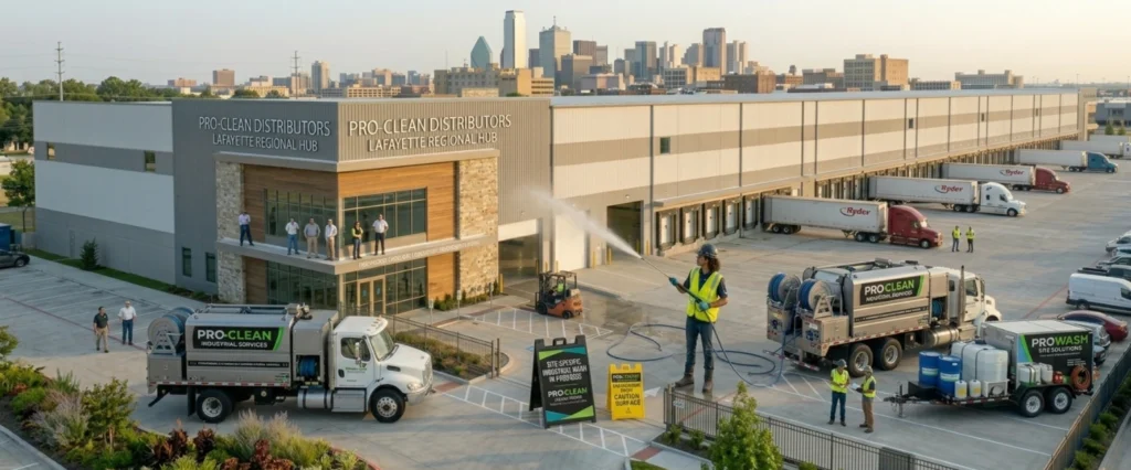 Professional cleaning crew and industrial equipment servicing a logistics hub in Lafayette.