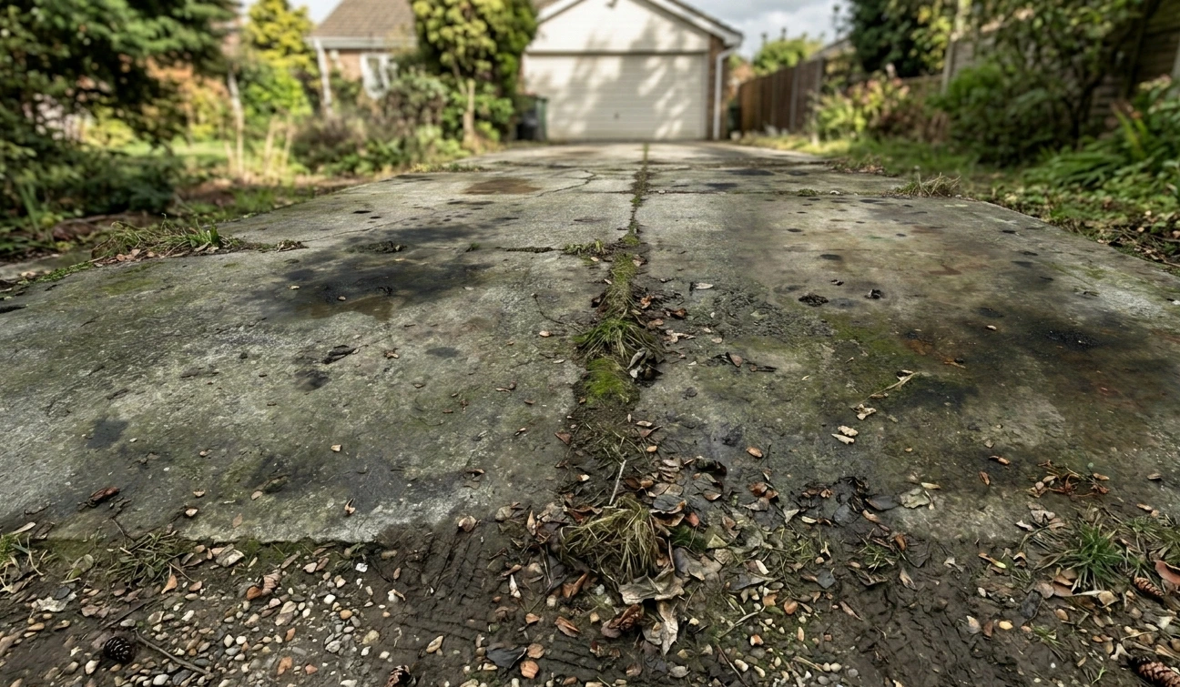 Dirty concrete driveway with moss, weeds, and stains before professional pressure cleaning service for homeowners.