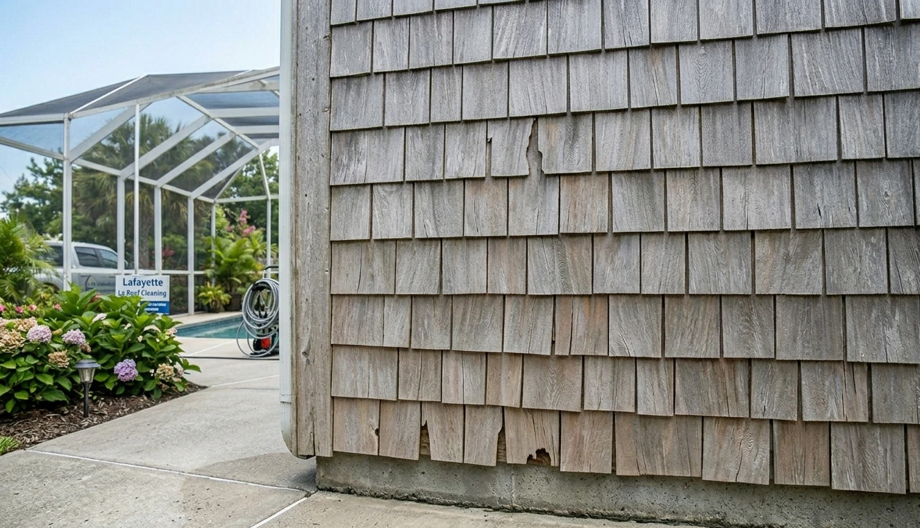 Professional soft wash roof cleaning of cedar shake siding next to a pool in Lafayette."