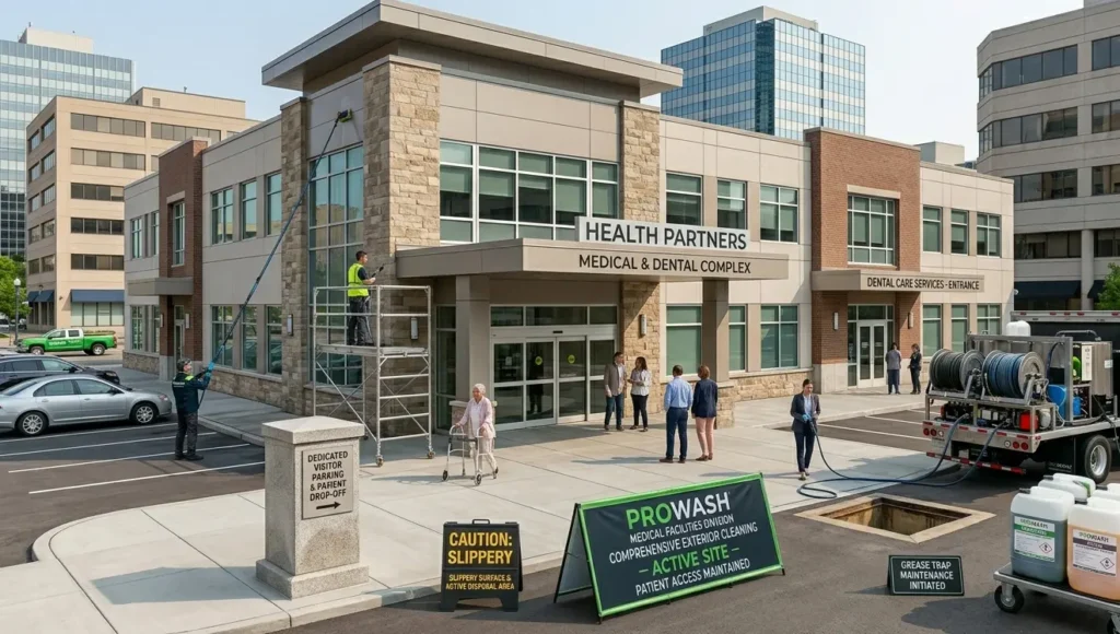 Professional cleaning crew performing exterior maintenance at a medical and dental complex in Lafayette.