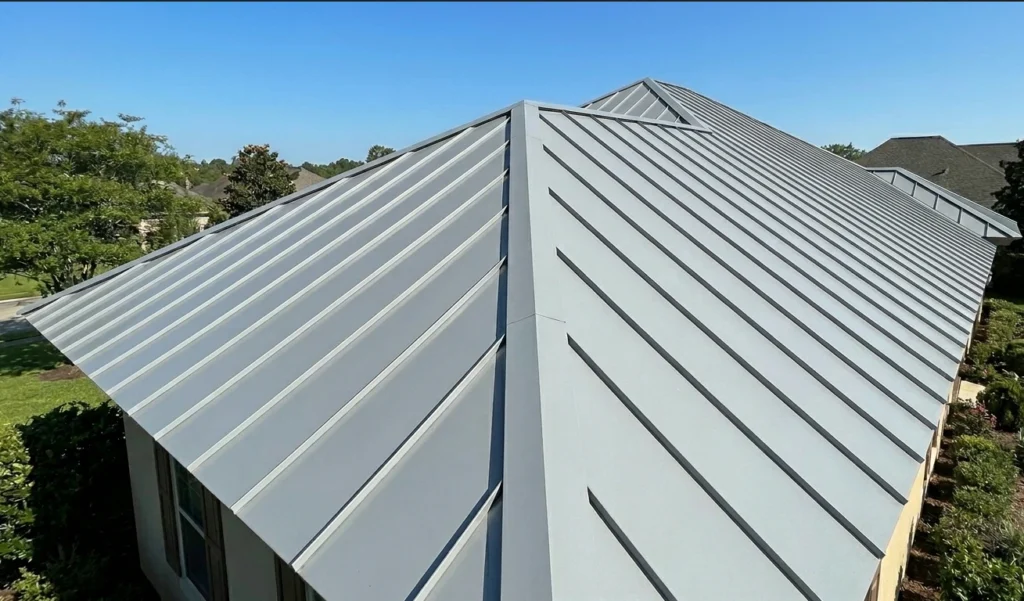 Pristine metal standing seam roof in Lafayette after professional soft wash cleaning removed all debris.