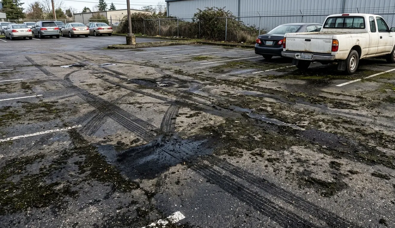 neglected parking lot before cleaning Neglected parking lot surface covered in heavy oil stains, deep tire marks, and dark organic moss buildup.