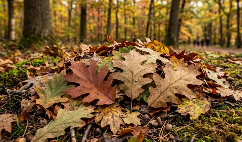 Accumulated oak leaves on the forest floor, representing the debris that clogs Lafayette roof gutters.