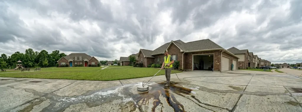 Expert technician removing deep oil stains from a concrete driveway using professional hot water pressure washing in Lafayette, LA.