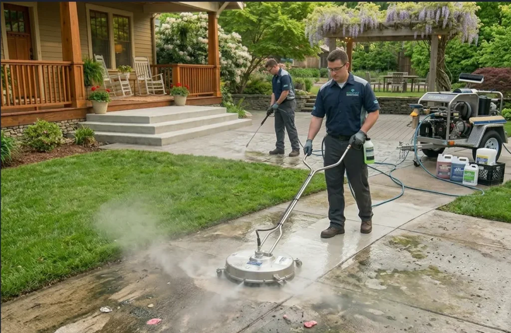 Two professional technicians power washing a dirty concrete patio and walkway using a surface cleaner tool.