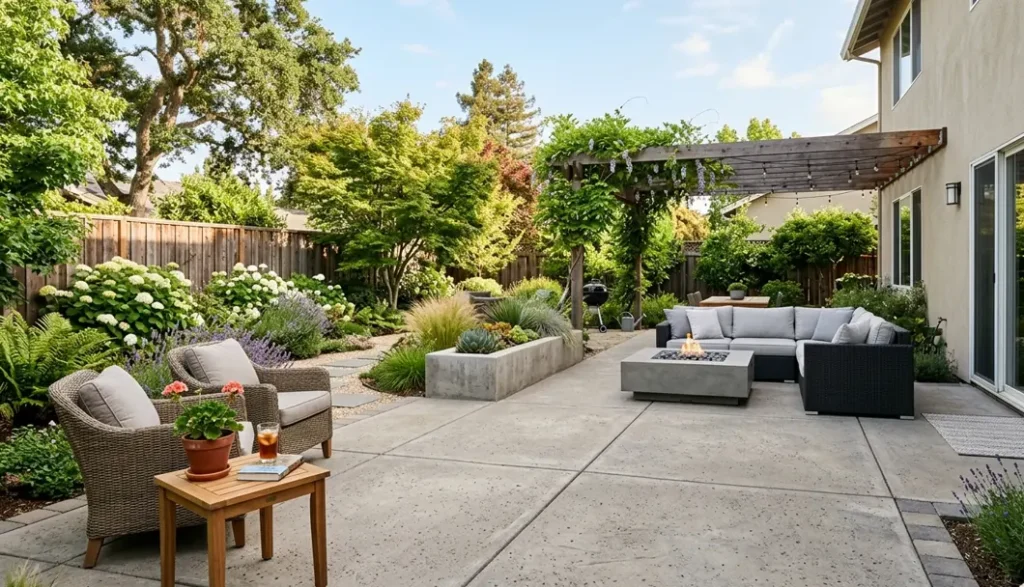 Professional pressure washing and exterior cleaning services in Lafayette, transforming a modern concrete backyard patio and outdoor living space into a clean, inviting environment