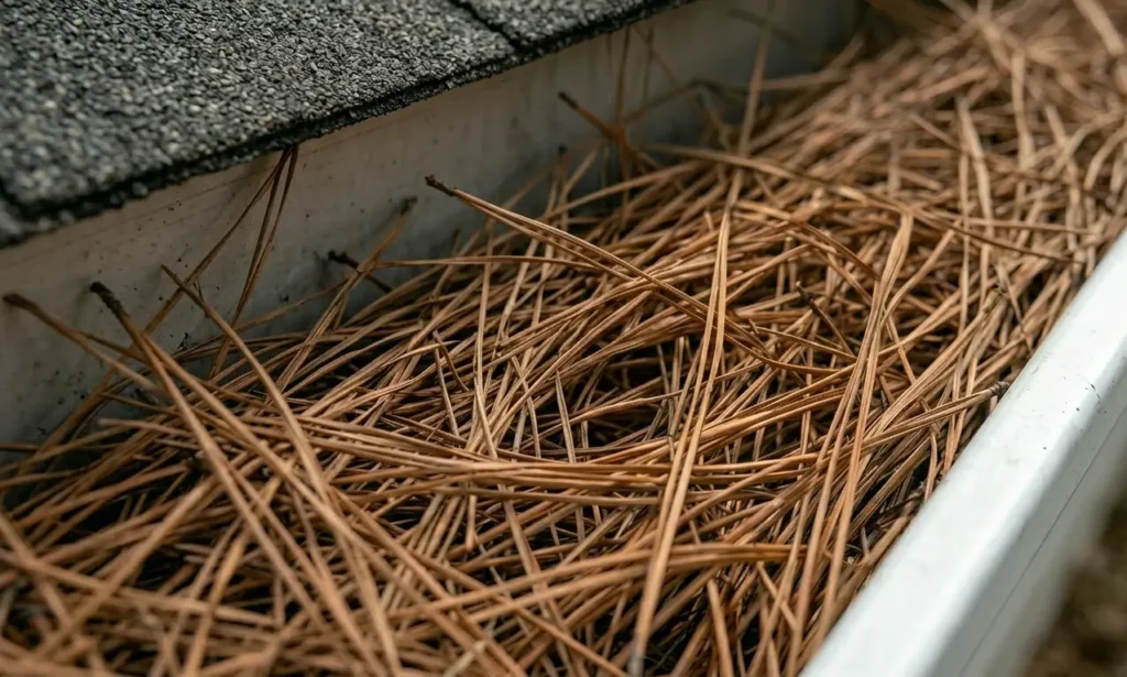 Professional gutter cleaning in Lafayette clearing out residential roof gutters filled with dry pine needles.