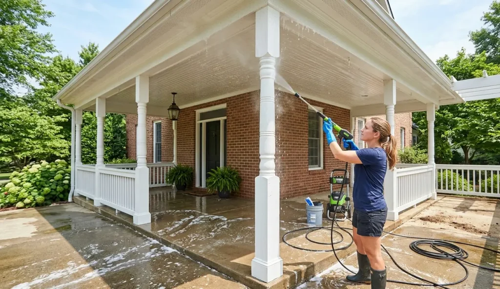 Professional pressure washing of a residential covered porch and columns in Lafayette.