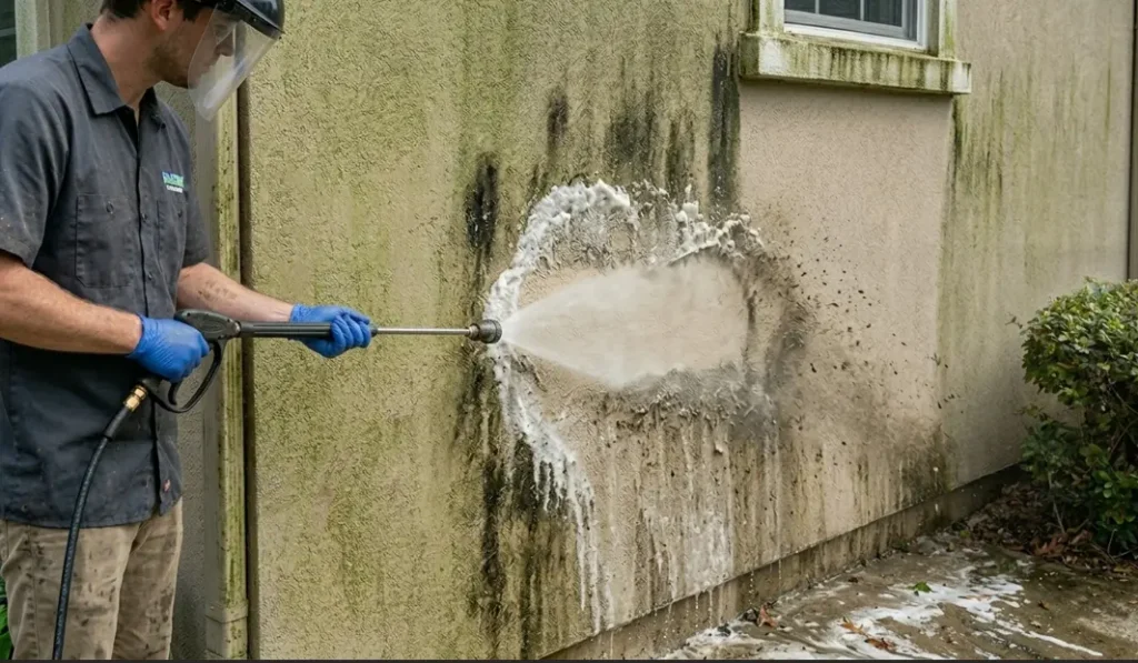 A professional uses a pressure washer and cleaning foam to remove dark mold stains from a residential home's stucco exterior in Lafayette, Louisiana.