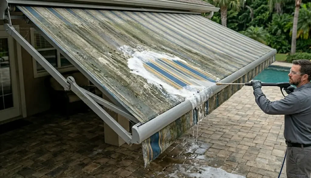 A man in safety gear is using a pressure washer with a foam applicator to clean a heavily soiled, large, blue striped retractable fabric awning over a patio.