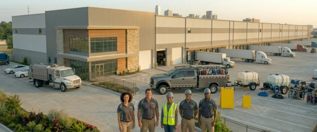 Professional cleaning crew with industrial equipment at a commercial property in Lafayette.