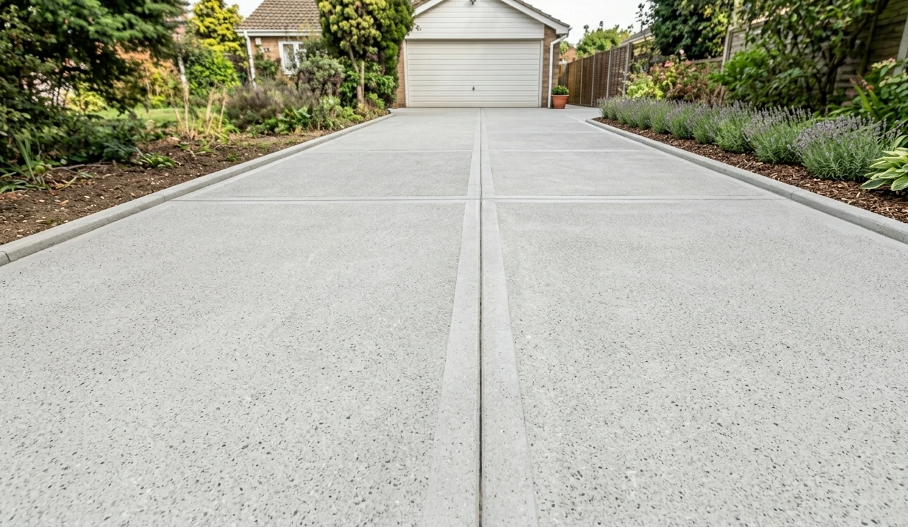 Clean residential concrete driveway after professional pressure washing services provided in Lafayette, Louisiana area.