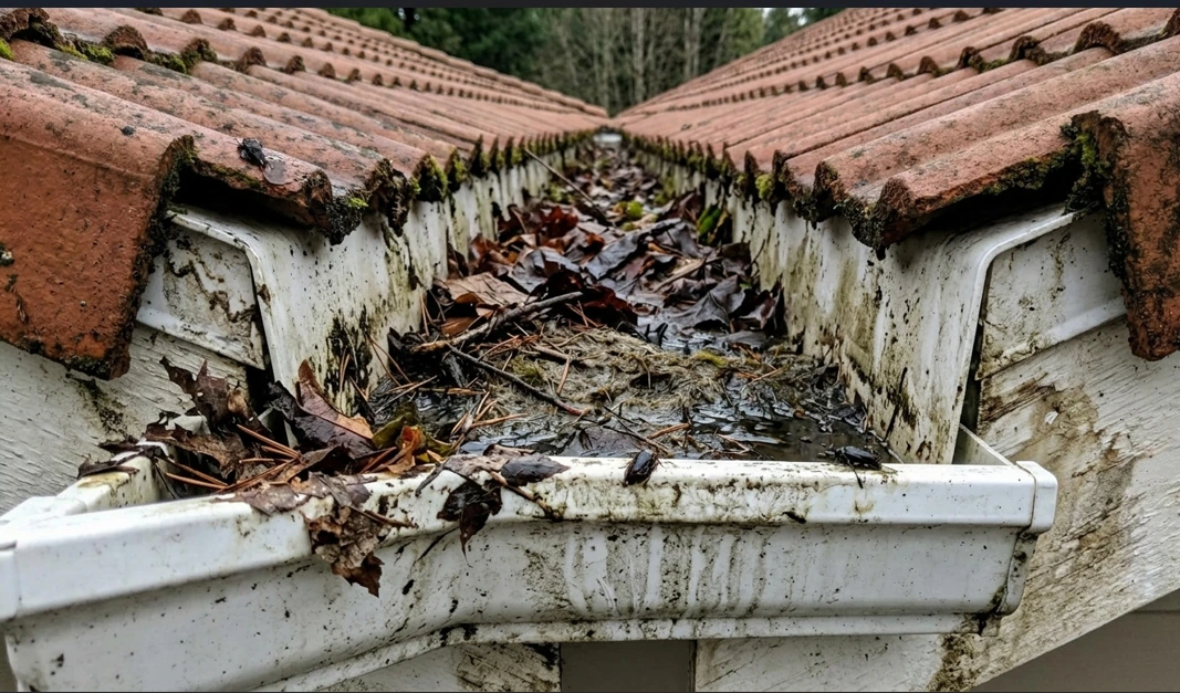 Clogged residential gutters filled with leaves and debris requiring professional cleaning in Lafayette, Louisiana.