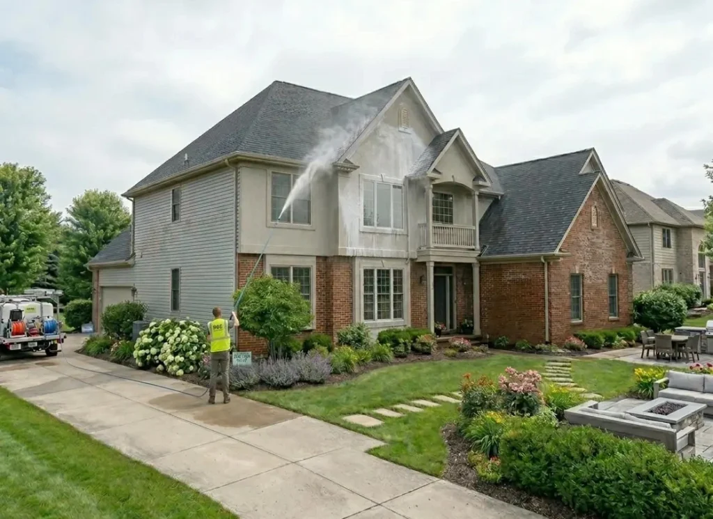 Professional soft wash house cleaning on a home with vinyl siding, brick, and stucco in Lafayette.