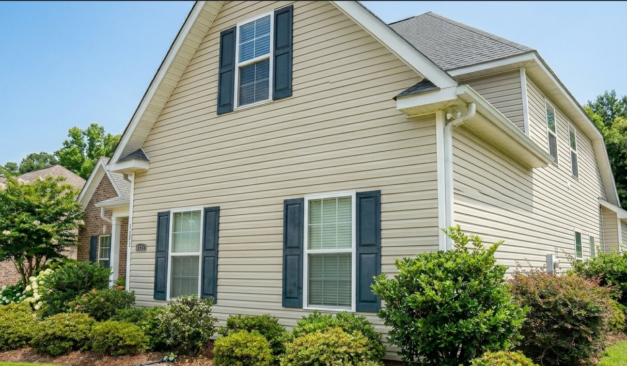 Clean residential home siding after professional soft wash cleaning services in the Lafayette, Louisiana area.