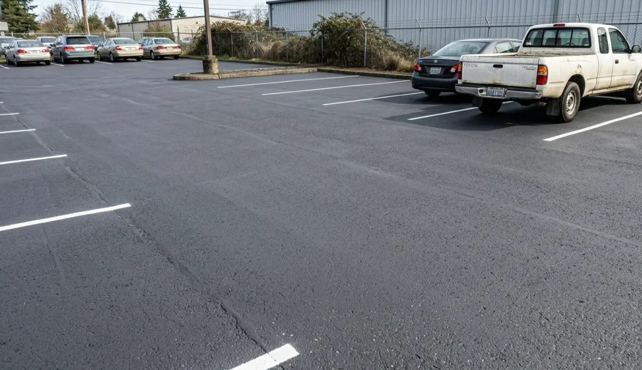 Professionally power-washed parking lot surface showing clean, restored asphalt free of oil stains, tire marks, and moss.